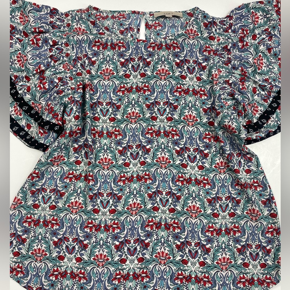 LOFT Floral Patterned Blouse with Layered Ruffled Shirt Sleeves Womens Size L